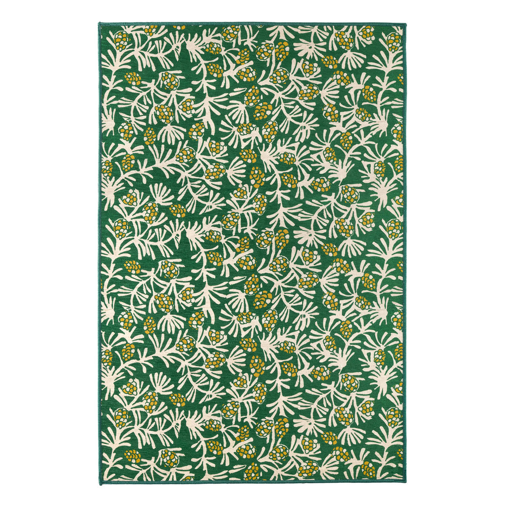 Winter Pinecones Machine Washable Rug | Green