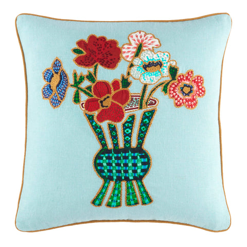 Blooming Bouquet Embroidered Decorative Pillow Cover | Dusty Aqua