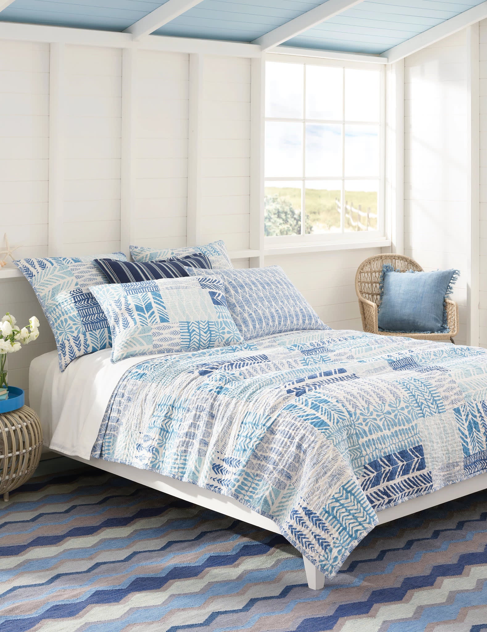 Block Print Patchwork Blue Coverlet Annie Selke block-print-patchwork-blue-coverlet-annie-selke