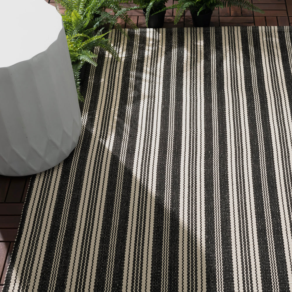 Ticking Stripe Handwoven Indoor/Outdoor Rug | Black/Ivory