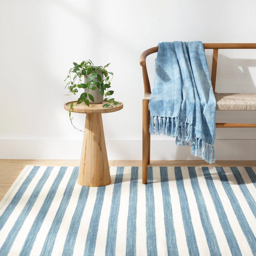 Ladder Stripe Handwoven Wool Rug | Blue/Ivory