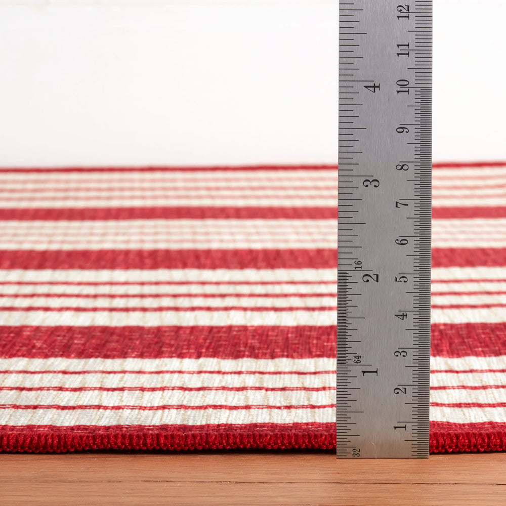 Abby Ticking Machine Washable Rug | Red