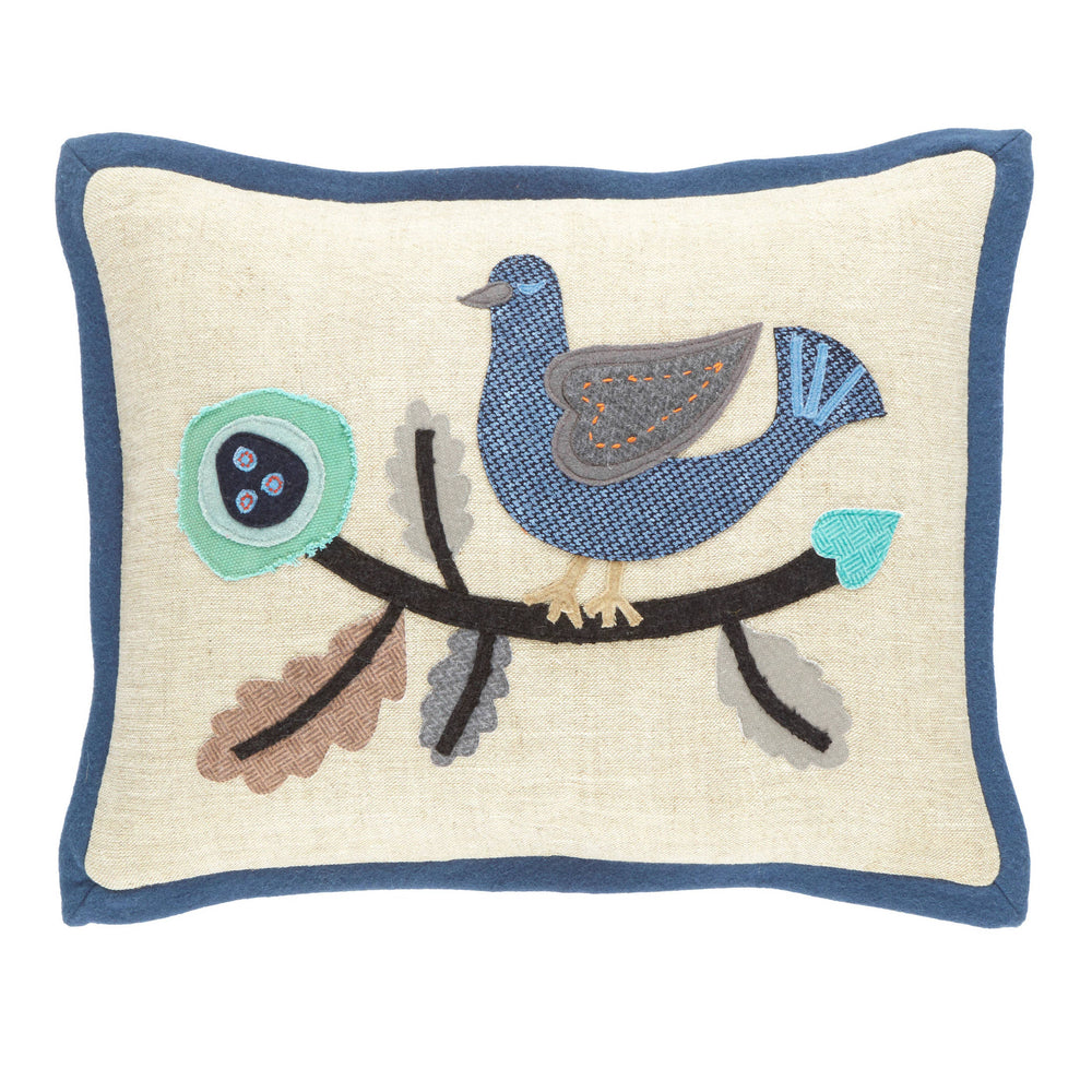 Dawn Chorus Linen Applique Decorative Pillow Cover | Delft