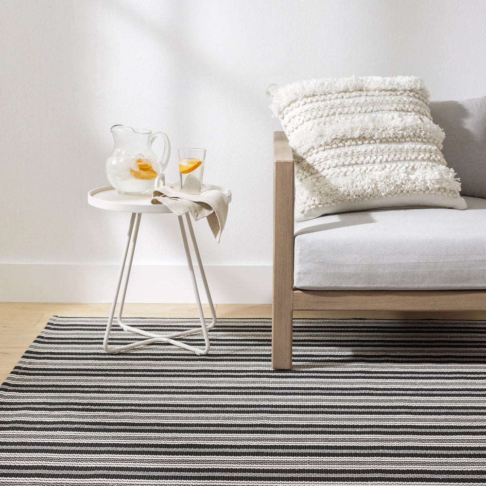 Ticking Stripe Handwoven Indoor/Outdoor Rug | Black/Ivory