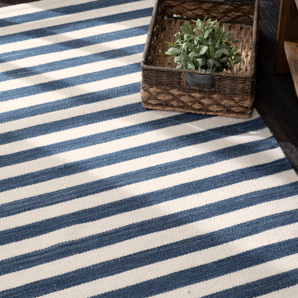 Ladder Stripe Handwoven Wool Rug | Navy/Ivory
